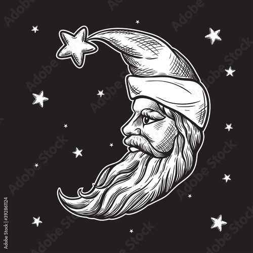.Crescent Moon Santa. Vector vintage drawing. Monochrome image in engraving style. Good Night and Merry Christmas Moon Design..