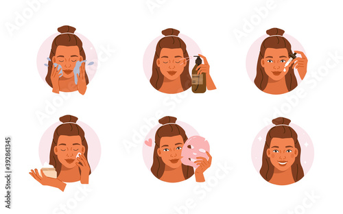 Beauty Girl Take Care of her Face and Use Facial Beauty Products. Woman Making Skincare Procedures. Skin Care Routine, Hygiene and Moisturizing Concept. Flat Cartoon Vector Illustration and Icons Set.