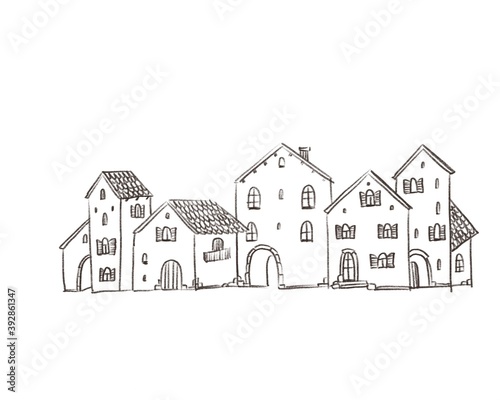 Fototapeta Naklejka Na Ścianę i Meble -  Fantasy  illustration of italian village, beautiful rural style, traditional houses, sketch on white background