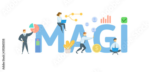 MAGI, Modified Adjusted Gross Income. Concept with keywords, people and icons. Flat vector illustration. Isolated on white background.