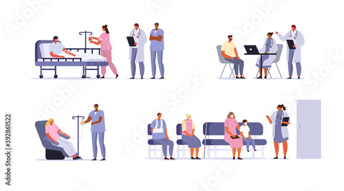 Doctors and Patients Characters set. People Waiting Appointment Time, Hospitalized Patient Lying in Hospital Bed, Patient Consultation and other Scenes in Hospital. Flat Cartoon Vector Illustration.
