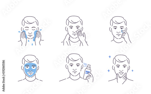 Man Using Cosmetic Products for Facial Skin. Facial Cleaning, Moisturizing and other After Shave Care. Guy Making Skincare Procedures. Flat Line Vector Illustration and Icons set.