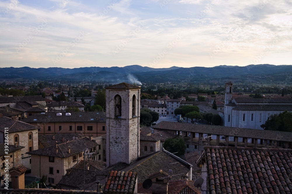 Obraz premium Panoramic view from above of the medieval Italian village of Gubbio with old buildings (Umbria, Italy, Europe)