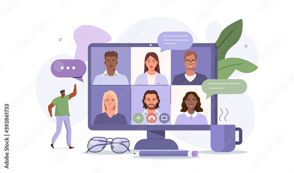 People Character working Remote at Home and using Computer for Video Meeting with Colleagues. Online Discussion and Business Video Conference Concept. Flat Cartoon Vector Illustration. People Character working Remote at Home and using Computer for Video Meeting with Colleagues. Online Discussion and Business Video Conference Concept. Flat Cartoon Vector Illustration.