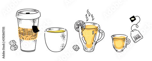 Hot tea drink in cup row isolated on white background