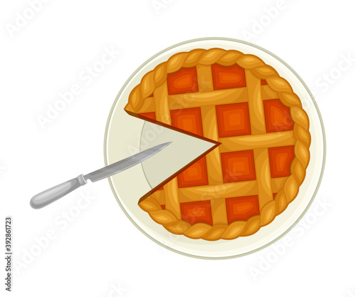 Festive Fruit Pie with Crust and Cutout Piece on Plate Above View Vector Illustration