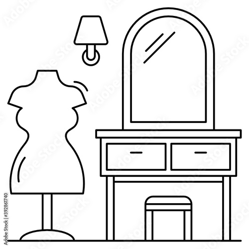 Dressing room Interior Decoration Concept, Mirror vanity makeup, Dummy and accessories Vector Icon Design, 