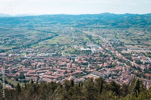 Panoramic view from above of the medieval Italian village of Gubbio with old buildings (Umbria, Italy, Europe)