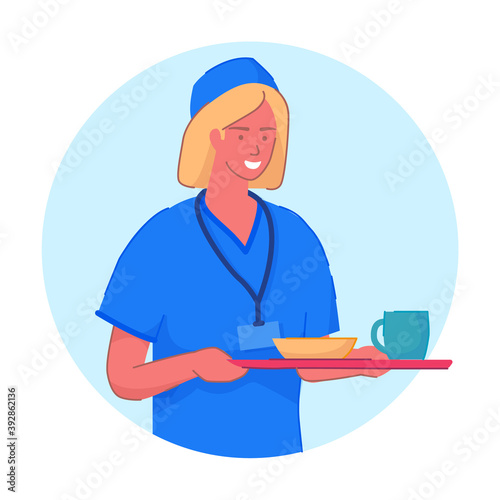 Woman caregiver with food on tray portrait isolated on white