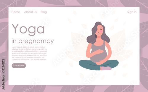 Pregnant Yoga. Pregnant woman sitting in the Lotus position. Template for the target web page of a yoga club for pregnant women. Healthy and active lifestyle during pregnancy, exercises for women.