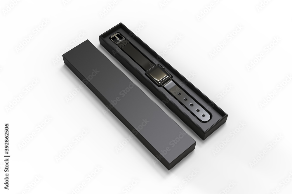 Smart watch with box packaging for branding and mock up. 3d render illustration. Smart watch with box packaging for branding and mock up. 3d render illustration.