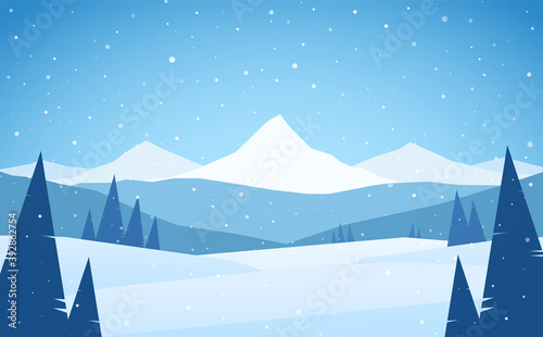 Cartoon Winter snowy Mountains landscape with hills and pines.
