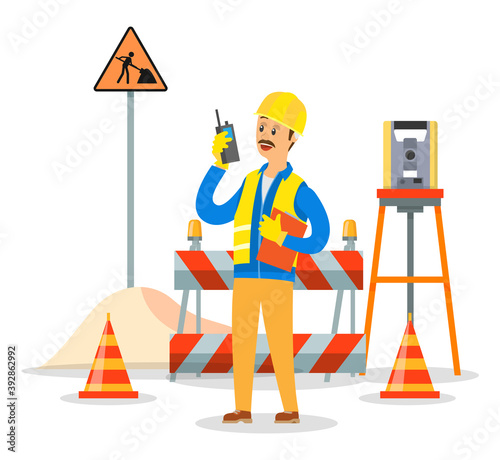 Builder engineer phone calling on construction. Foreman in helmet business communication concept, man talking on the walkie-talkie standing near the barrage equipment and the road repair sign