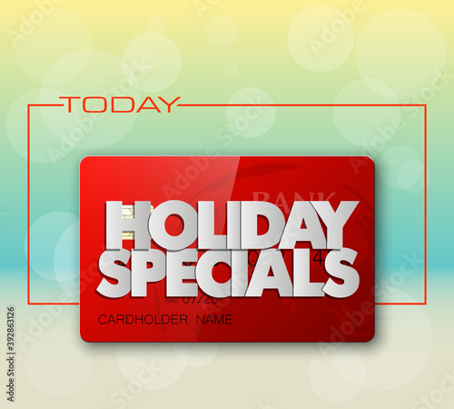 Holiday specials sale & credit bank card banner. Abstract advertising background plastic card icon. Advertising discount poster. online banking tag flyer, Promotional internet shopping sale brochure