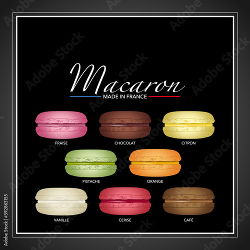 Etiquette ou affiche pour des macarons au différents parfum - texte français, traduction : macaron, fraise, chocolat, citron, pistache, orange, vanille, cerise, café.