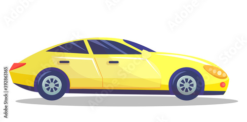 Yellow car vector template on white background. Business sedan isolated. Automobile side view flat style. Vehicle with tinted windows. Convenient mean of transportation  modern model of car