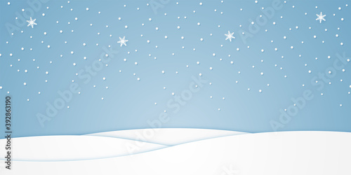 landscape and snow falling in winter season, white hill, paper art style