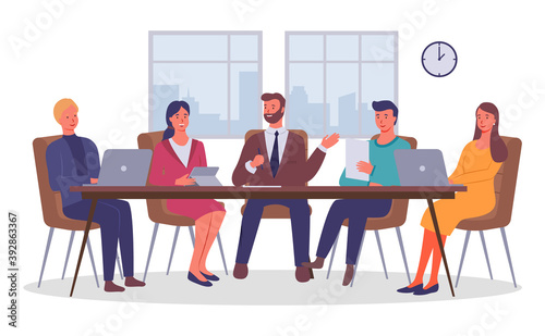 Business people talking and working at the computers in office. Partners around table with laptop tablet. Business meeting concept. Brainstorming process, team man and woman collaboration workers