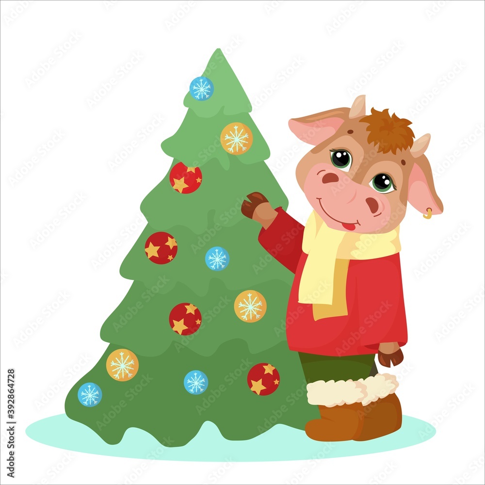 cute bull drawn in cartoon style. Animal symbol of 2021. A bull or a cow in a red jacket and boots. winter vector illustration with animal isolated on white background cute bull drawn in cartoon style. Animal symbol of 2021. A bull or a cow in a red jacket and boots. winter vector illustration with animal isolated on white background