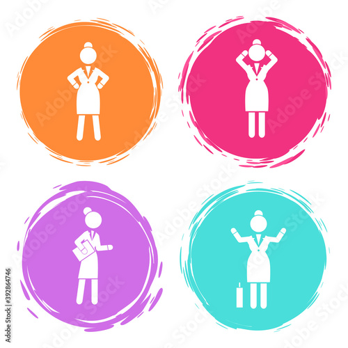 Set of business woman white silhouettes icons in round frames of different colors. Women in action. Lady dressed formally full length. Businesswoman activities at work. Positions and actions of person