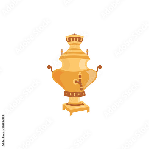 Russian big golden metal samovar teapot flat vector illustration isolated.