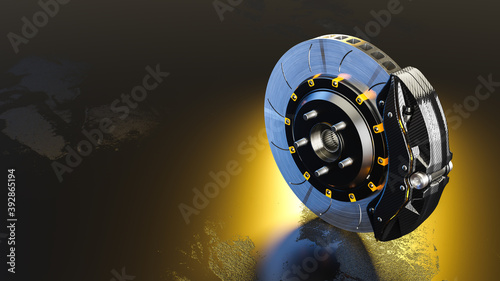 Brake Disc and Black carbon fiber Calliper dark background. Brake from Racing car and copy space for your text. 3D Render.