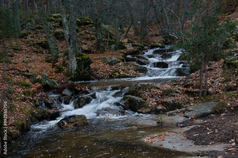 Small waterfalls in the bed of the Sestil de Maíllo stream. Autumn in the Sierra de Guadarrama National Park. Madrid's community. Spain Small waterfalls in the bed of the Sestil de Maíllo stream. Autumn in the Sierra de Guadarrama National Park. Madrid's community. Spain