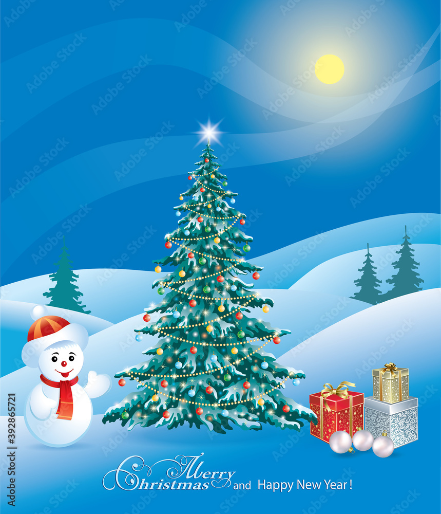 Happy New Year 2021. Greeting New Year card with Christmas tree, gifts and snowman on winter landscape. Christmas background, holiday banner. Vector illustration