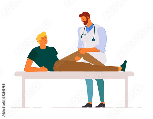 Doctor examining patient injured leg on white background