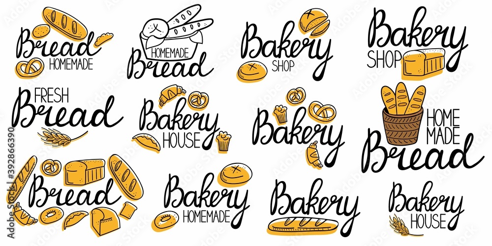 Bakery logo collection. Bread homemade emblem set. Hand drawn doodle label for bakery food packaging, local product simple stamp, lettering with line pastry vector isolated colored sticker