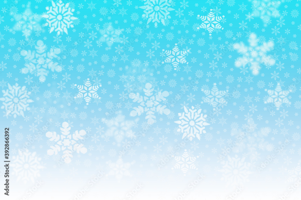Light blue background with white snowflakes. Greeting card, wallpaper