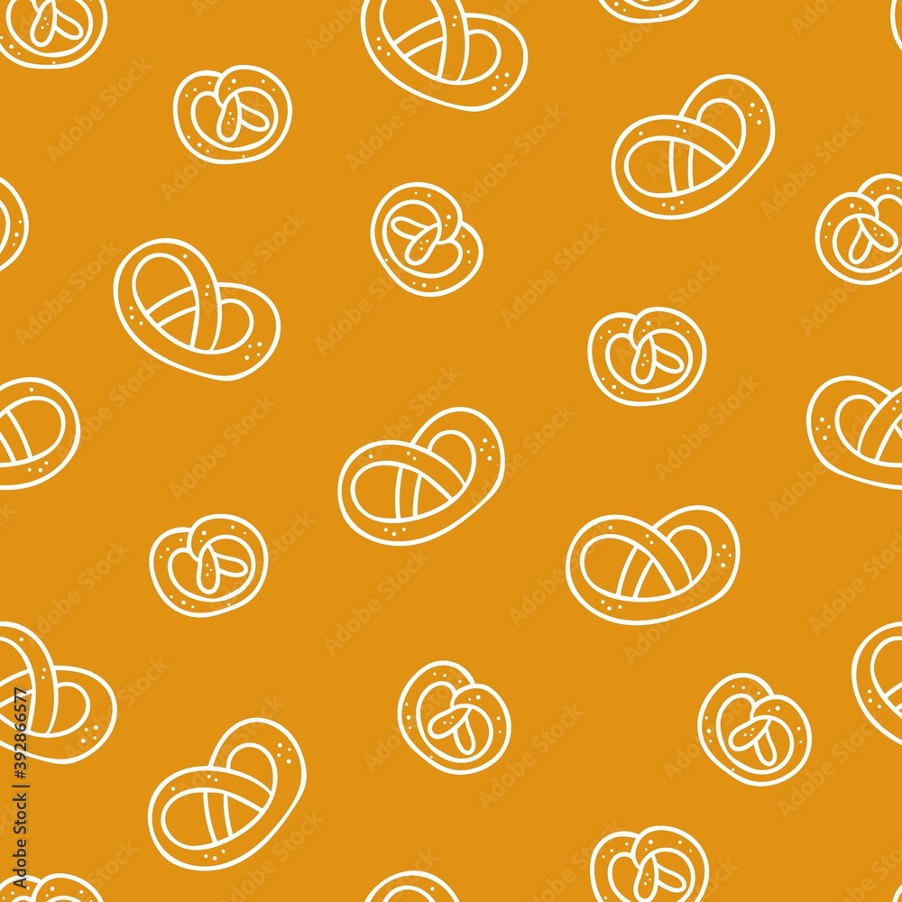 Pretzel seamless pattern. Bakery doodle product German salted lye biscuit, cartoon white elements on yellow, decor textile, fabric wrapping paper, packaging design, wallpaper vector texture