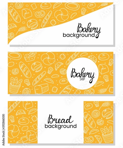 Bread horizontal background set. Bakery doodle products, baguette, croissant and bagel. Cartoon doodle elements, advertising poster, flyer or banner with copy space collection vector doodle brochure