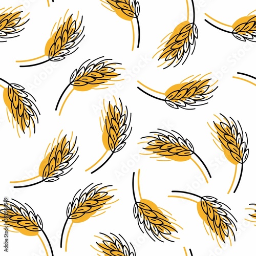 Rye seamless pattern. Line grain wheat or cereal. Cartoon yellow elements on white background, bread or beer decor textile, fabric wrapping paper, packaging design, wallpaper vector texture