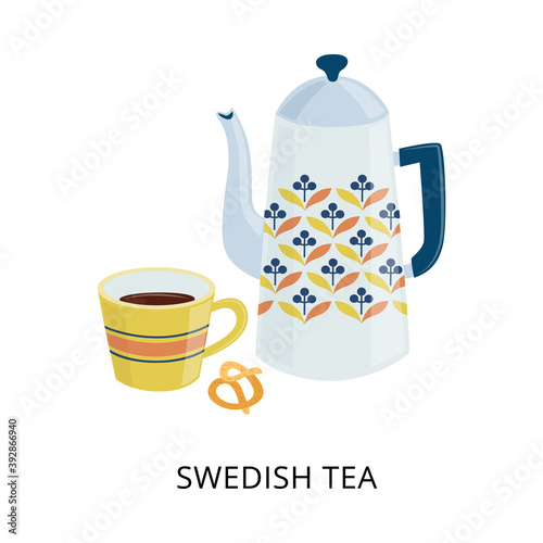 Swedish teatime or fika card with cup and teapot, flat vector illustration.
