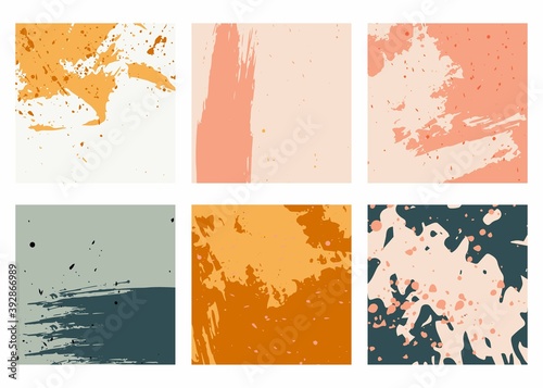 Trendy backgrounds. Patterns paint stains splashes pastel modern colors textures. Hand drawn abstract vector set. Social stories, personal blog posts, square templates for media marketing banners