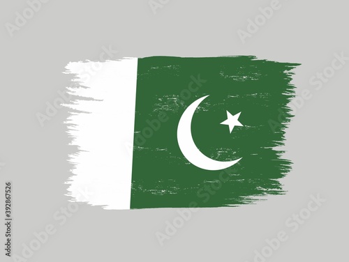Colored illustration of flag, month, star on a gray background. Vector illustration for logo, emblem, print. Pakistan flag. Pakistan Independence Day.