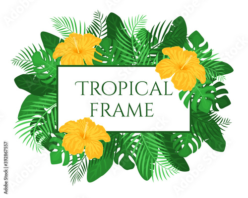 Summer tropical frame with tropical plants and flowers