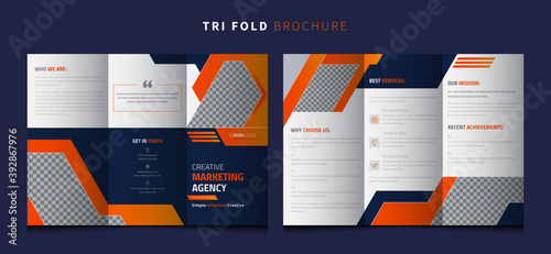 Corporate business trifold brochure template. Modern, Creative, and Professional tri fold brochure vector design. Simple and minimalist promotion layout with colorful shape 