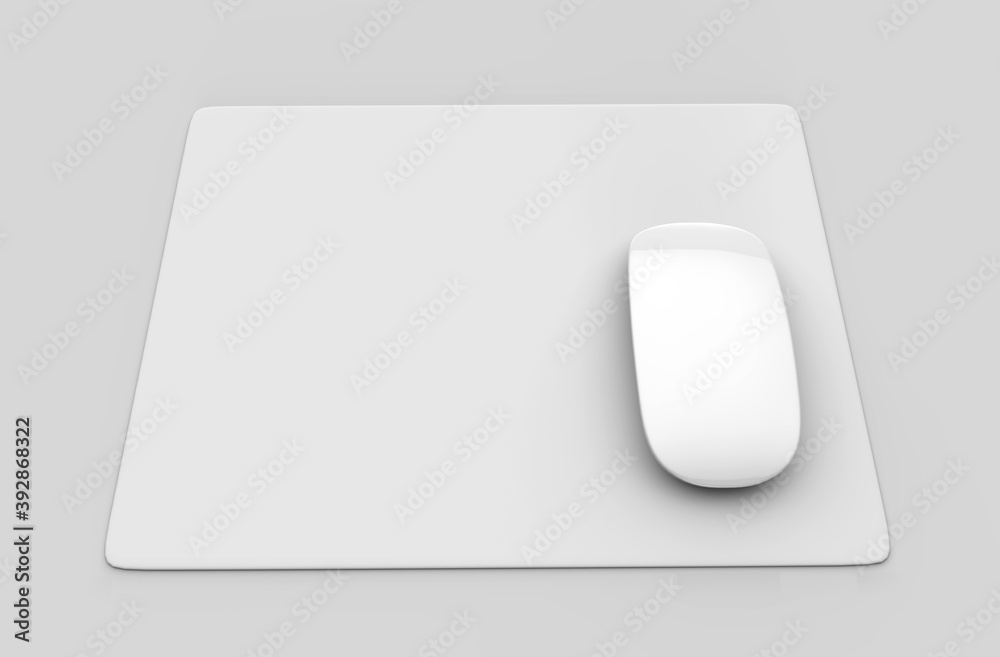 Blank white mouse pad with computer mouse for branding and design presentation. 3d render illustration. - obrazy, fototapety, plakaty 
