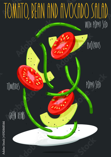 Tomato, bean and avocado salad with poppy seed. Vector illustration