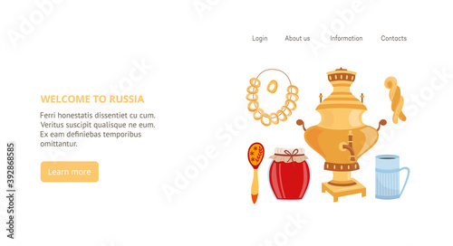 Russian traditional welcome tea party with samovar a vector landing page template
