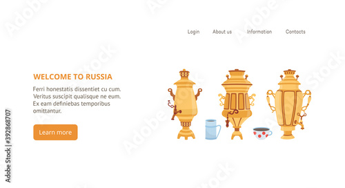 Welcome to Russia web banner template with samovars, flat vector illustration.