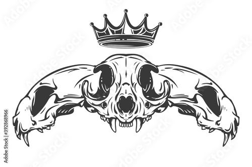 Three cat skull with crown in monochrome hand drawn style isolated on white background. Vector cartoon illustration. Retro vintage design concept for tattoo  print  cover.