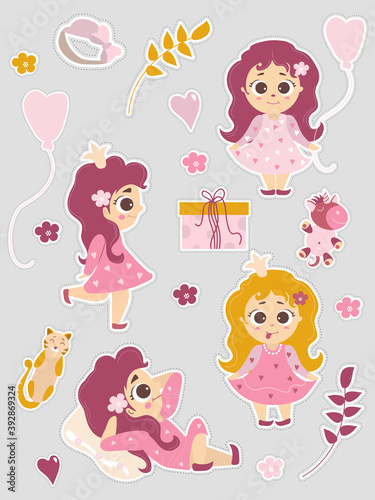 A set of cute stickers with a baby girl princess with a balloon and a unicorn and a cat  flowers and branches  a box with a gift. Vector illustration. Isolated. Kids girly collection