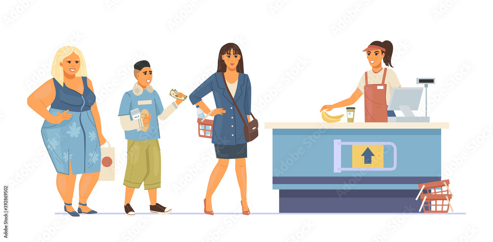 Group people waiting in queue supermarket. Food store fat woman, kid and businesswoman in the queue to the cashier. Cashier punches goods at the checkout, customer service cartoon vector