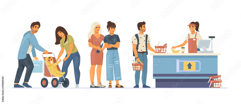 Group people waiting in line supermarket. Food store elderly couple young children man in queue to the cashier. Cashier punches goods at the checkout, customer service cartoon vector Group people waiting in line supermarket. Food store elderly couple young children man in queue to the cashier. Cashier punches goods at the checkout, customer service cartoon vector