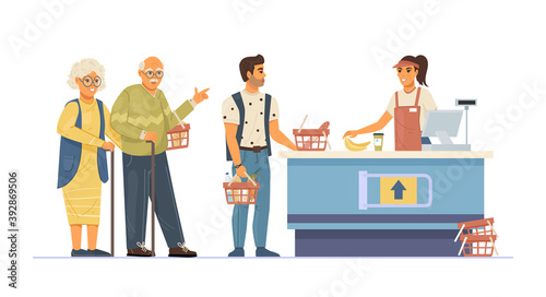 Group people waiting in queue supermarket. Food store elderly couple and man in queue to the cashier. Cashier punches goods at the checkout, customer service cartoon