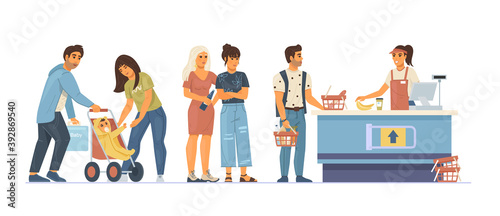 Group people waiting in line supermarket. Food store elderly couple young children man in queue to the cashier. Cashier punches goods at the checkout, customer service cartoon vector