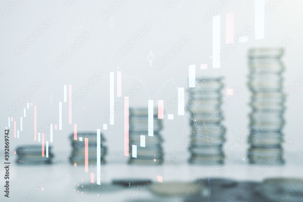 Multi exposure of virtual abstract financial diagram on growing coins stacks background, banking and accounting concept